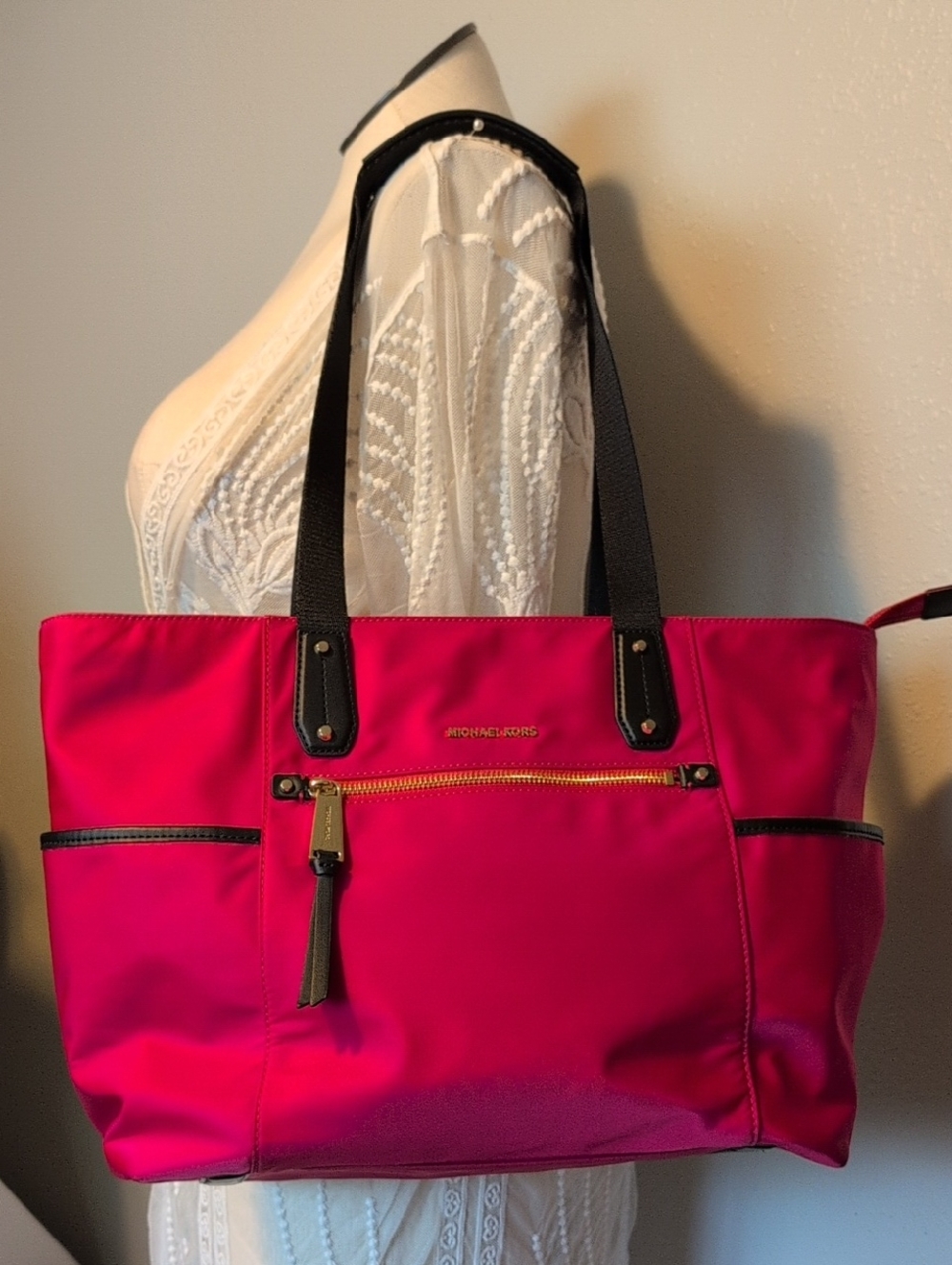 Michael Kors Large Poly Nylon Hot Pink Tote with Black Straps - NWOT